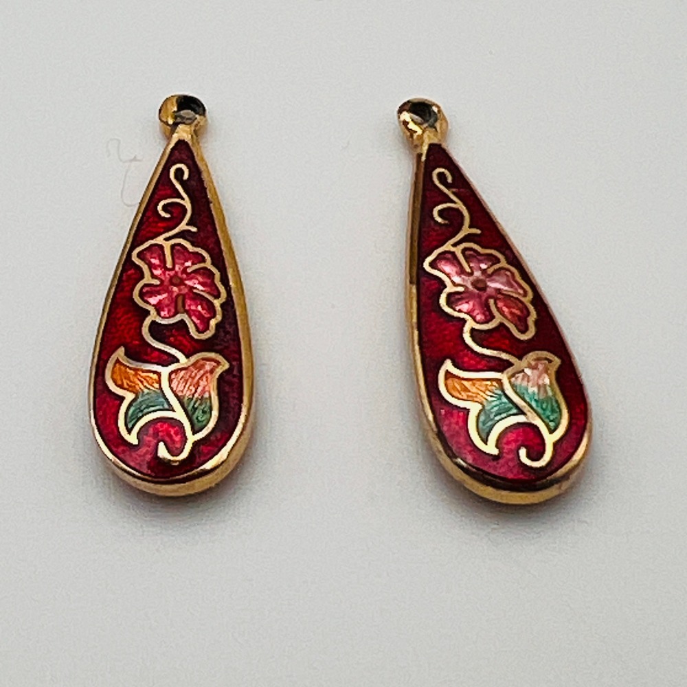 Vintage Cloisonne Enamel Teardrop Earring Drops Red Floral Gold Tone Charms